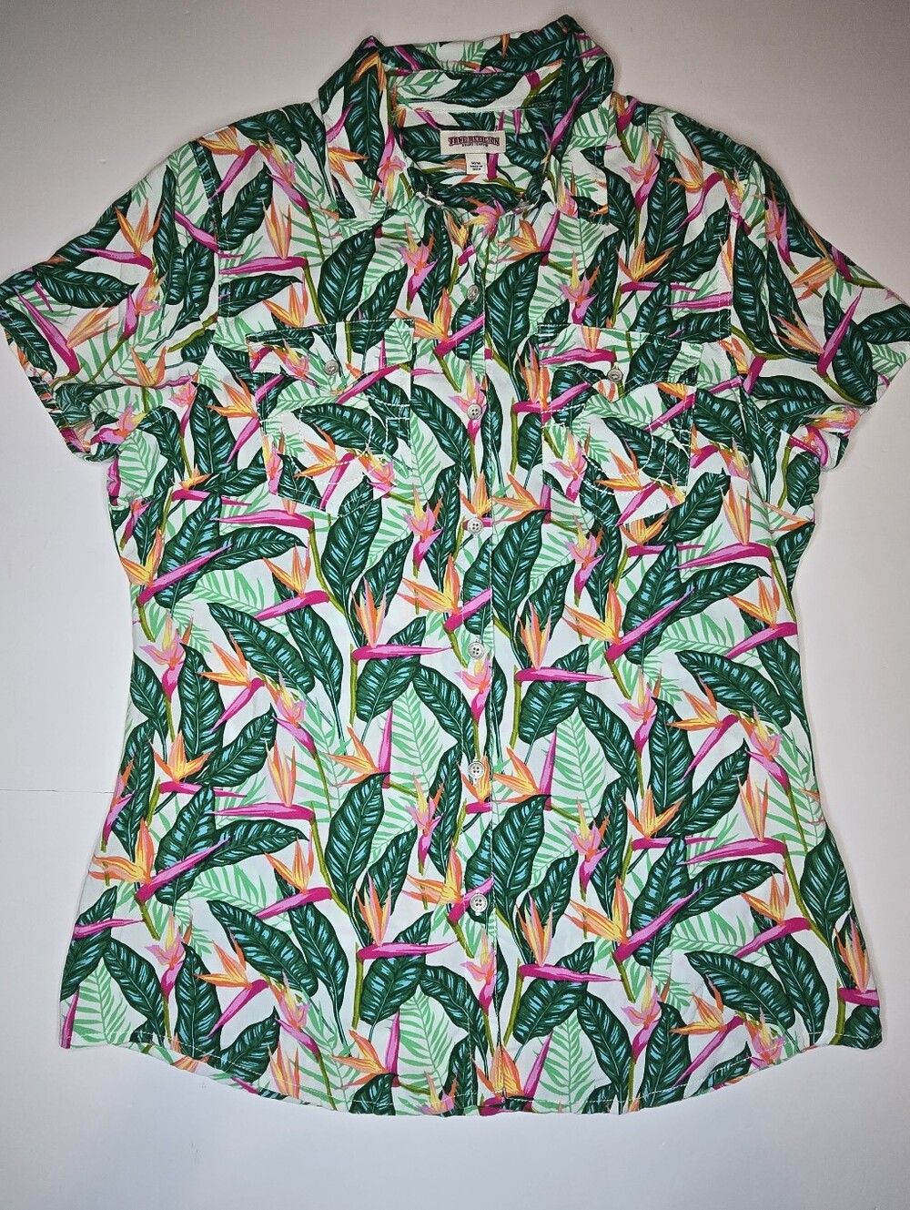 True Religion Tropical Floral Bird of Paradise Rayon Button Up Shirt Women's M